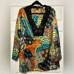 ASHLEY STEWART Multi color print shirt with sequined collar. Size 1X